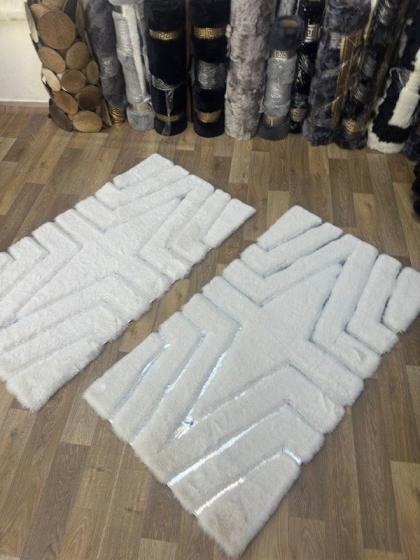Beyaz Gümüş Lüks Peluş Halı – El Yapımı, Yumuşak ve Işıltılı Tasarım