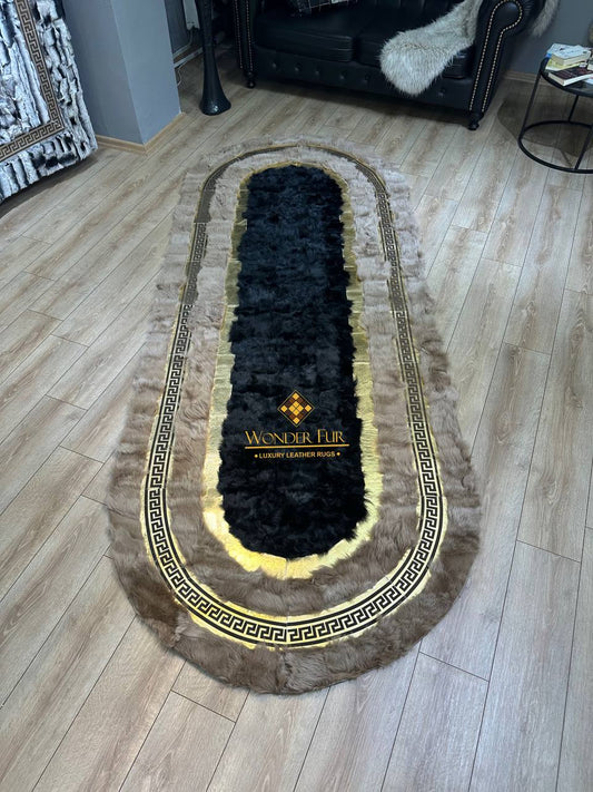 Oval Kahve Siyah Koyun Derisi Halı – Doğal ve Şık Tasarım