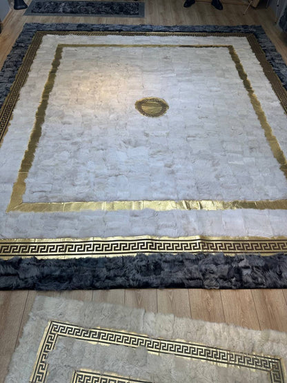 Gri Ve Beyaz Renlki Ojinal Koyun derisi Halı - Kaymaz Suet Taban