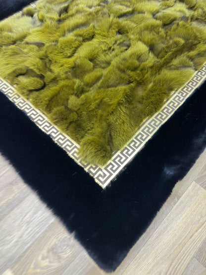 El Yapımı  Orjinal Tilki Kürkü Yeşil Siyah Halı - Kaymaz Suet Taban