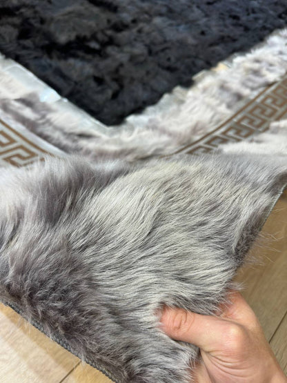 Orjinal El Yapımı Gri Ve Siyah Koyun Derisi Halı - Suet Kaymaz Taban