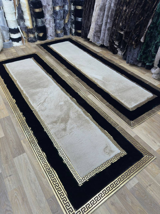 El Yapımı Siyah Bej Peluş Halı – Yumuşak ve Şık Tasarım