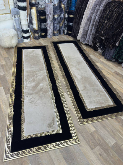 El Yapımı Siyah Bej Peluş Halı – Yumuşak ve Şık Tasarım