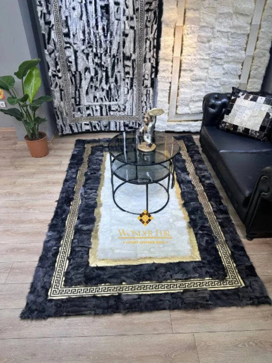Gri Ve Beyaz Koyun Derisi  Özel Tasarım Halı - Suet Kaymaz Taban